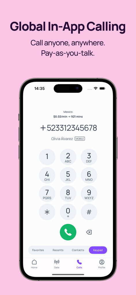 Roamless: eSIM Travel Internet - 다이얼러 키패드와 종량제 통화 요금이 표시된 Roamless 앱의 글로벌 인앱 통화 기능을 보여주는 스마트폰 화면