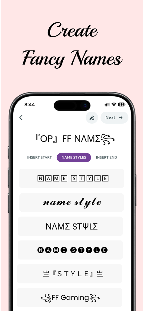 Nickname generator, Name style - Nickname generator app interface with multiple fancy text style options for social media and gaming.