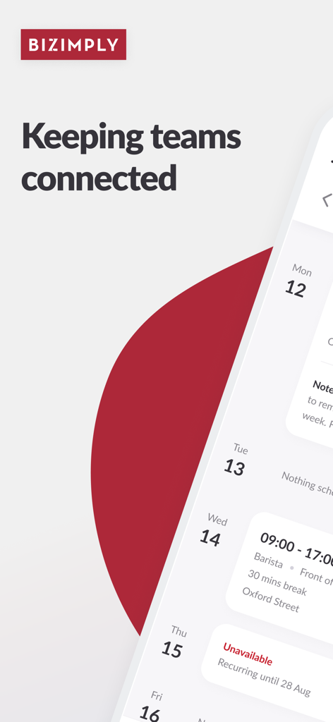 MyZimply from Bizimply - MyZimply app screen showing a work schedule for a barista and the headline Keeping teams connected