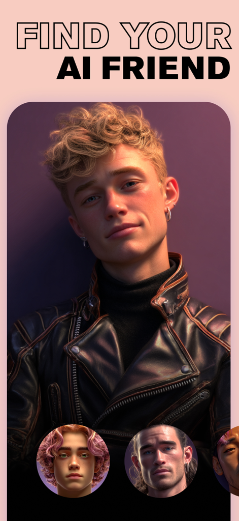 iBoy: AI Companion for Support - Promotional screen of iBoy app showing realistic male AI avatars with the text Find Your AI Friend.