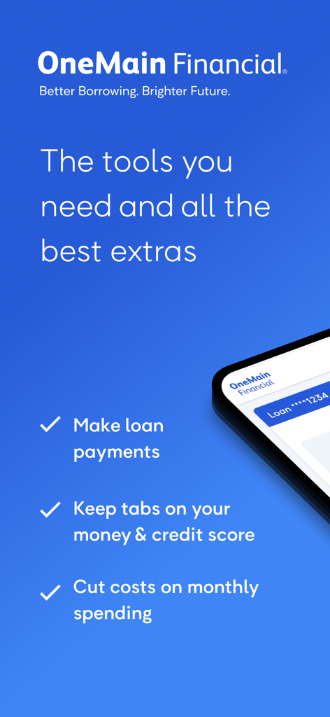 OneMain Financial mobile app displaying loan payment and credit score tools
