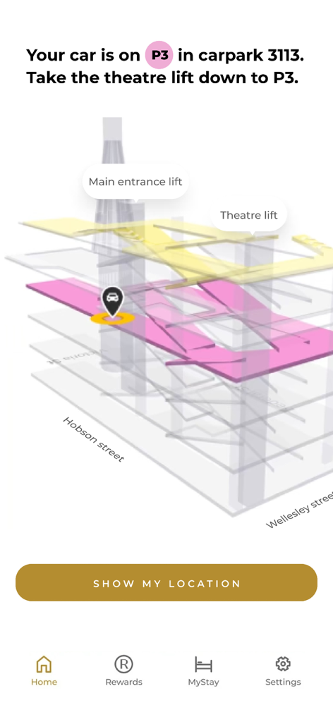 SkyCity app screenshot displaying a 3D map of the car park showing a vehicle location on level P3