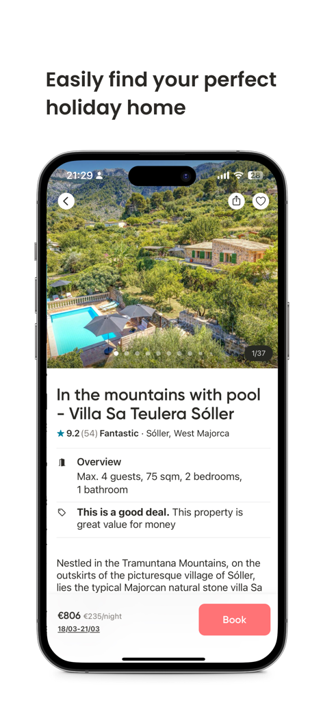Holidu: Vacation Rentals - プールと山の景色を望むマヨルカ島のホリデーヴィラレンタルを表示するHoliduアプリの画面