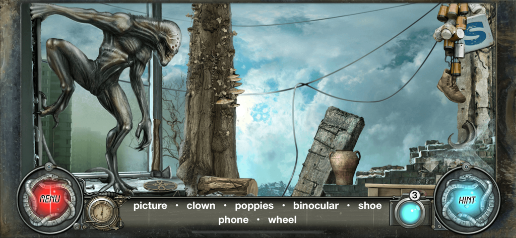 Time Trap: Hidden Object Games - Gameplay screenshot of Time Trap Hidden Object Games showing a post apocalyptic scene with an alien creature
