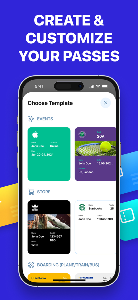 Pantalla de la aplicación Pass2Wallet mostrando varias plantillas para tarjetas de fidelidad de eventos y tarjetas de embarque.
