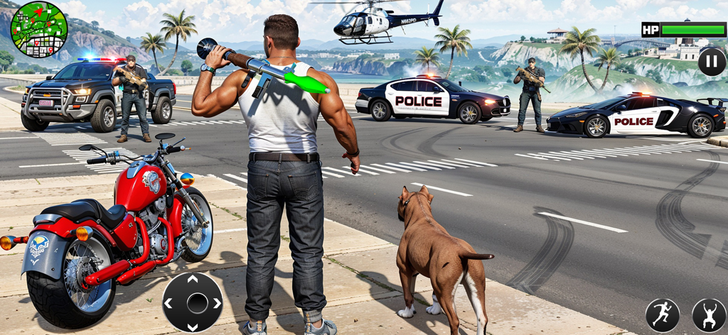 Gangster holding a rocket launcher near a motorcycle and police cars