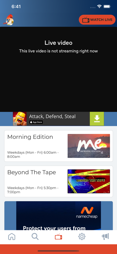 CCN TV6 - CCN TV6 app interface showing the live video stream status and program schedules for Morning Edition and Beyond the Tape.