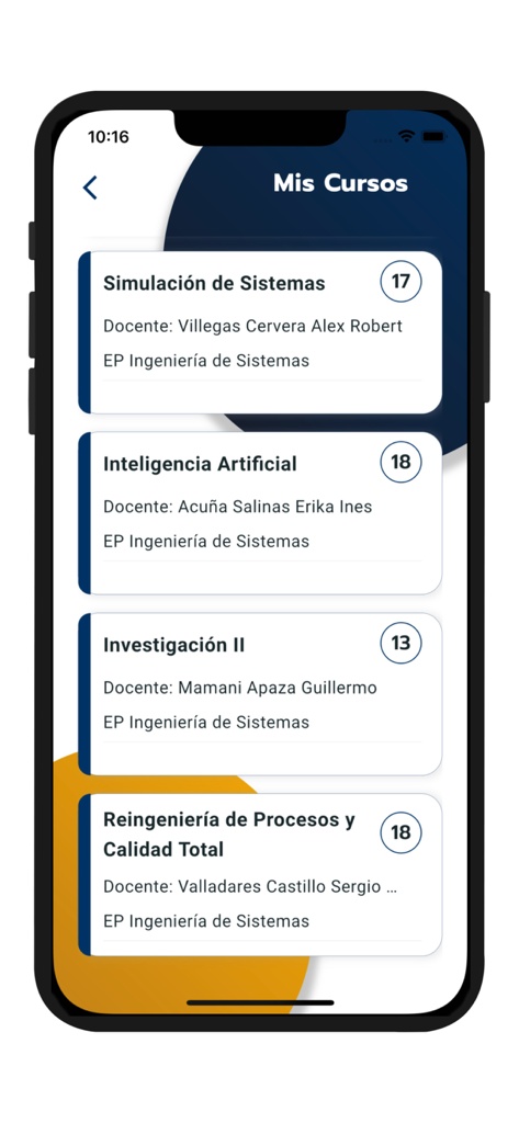 UPeU Lamb - A mobile interface of the UPeU Lamb app showing a list of enrolled courses such as Systems Simulation and Artificial Intelligence for a student.