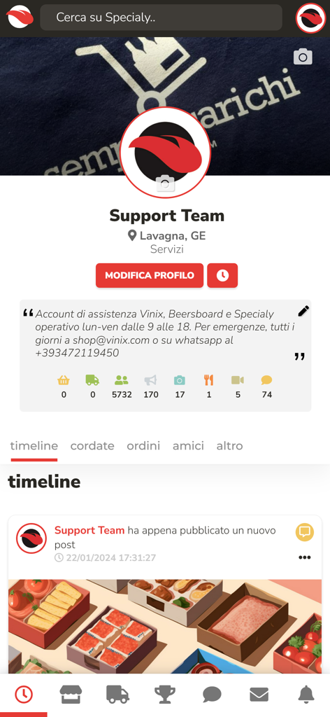 The profile and timeline interface of the Specialy social food commerce app