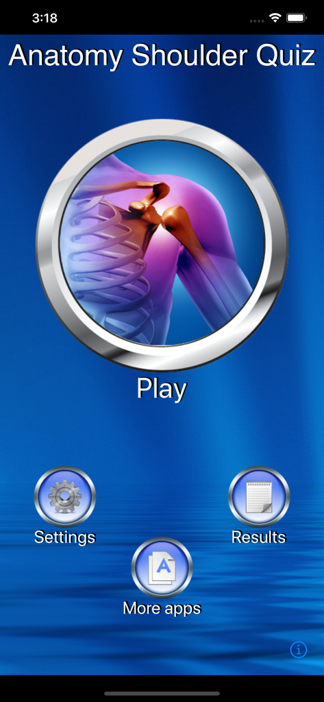 Anatomy Shoulder Quiz - Main menu of the Anatomy Shoulder Quiz app featuring a central play button and medical shoulder illustration.