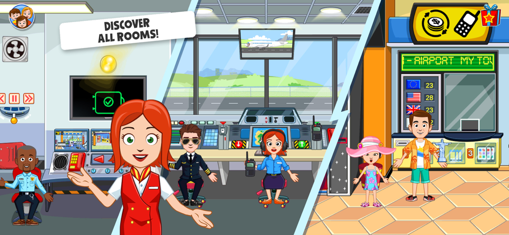 My Town : Airport - Personajes de dibujos animados explorando diferentes ubicaciones del aeropuerto, incluyendo una sala de control y un mostrador de boletos.