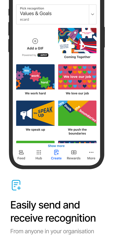 Connect+ - Connect plus mobile app screen showing colorful employee recognition ecards and a message about sending and receiving recognition.