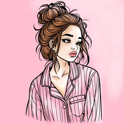 realistic woman with pajamas on and a messy bun