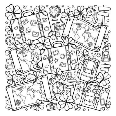 Pack your bags for a whimsical adventure with this unique coloring page, blending the luck of shamrock leaves with the thrill of vacation travel. Discover a delightful design filled with suitcases, maps, and exploration symbols, perfect for creative minds.