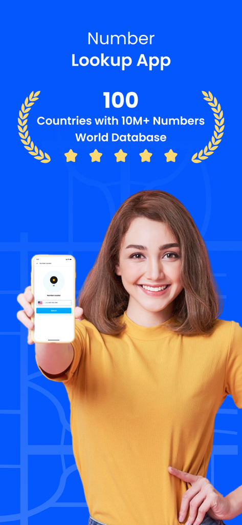 A smiling woman holding a smartphone showing the Phone Number Lookup app interface against a blue background