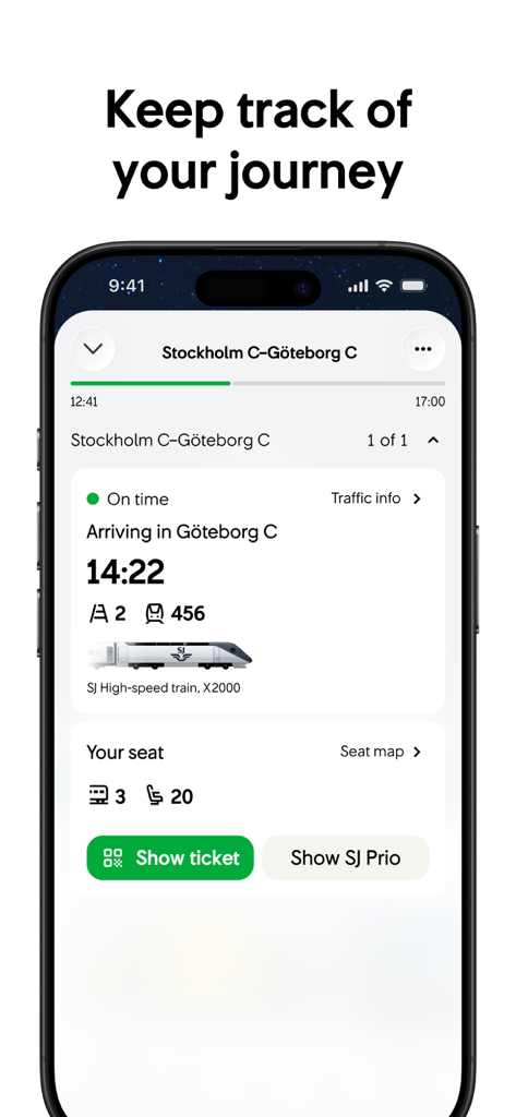Interfaz de la aplicación SJ Trains mostrando el seguimiento del viaje en tiempo real y los detalles del billete para un viaje de Estocolmo a Gotemburgo en un iPhone.