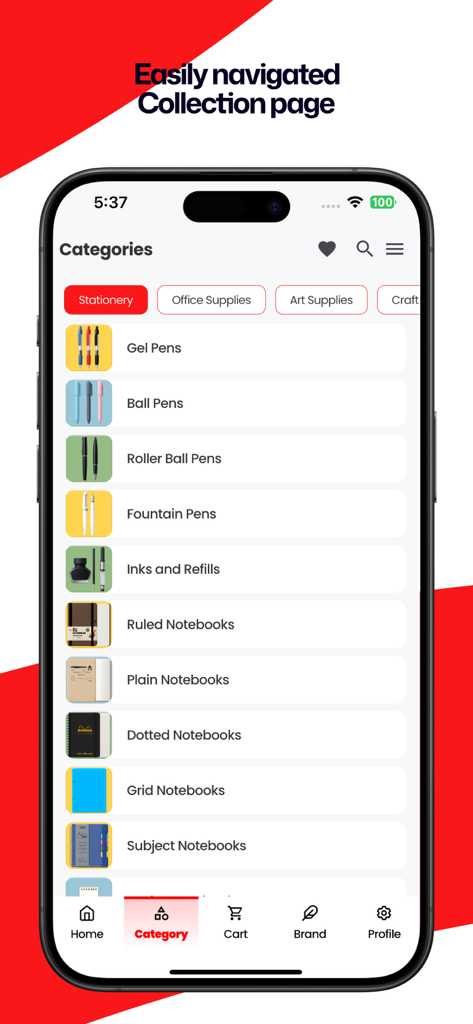 SCOOBOO - SCOOBOO-App-Oberfläche mit Schreibwarenkategorien für Stifte und Notizbücher