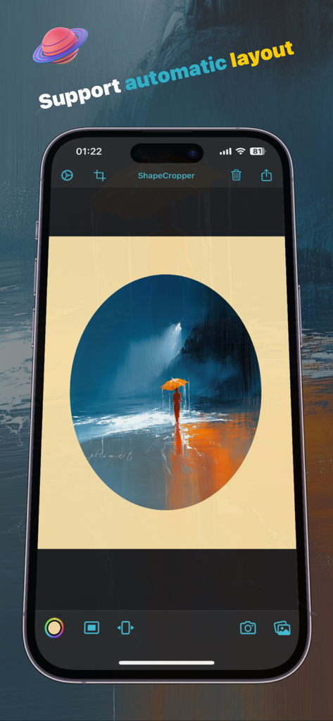 ShapeCropper - iPhone screen displaying ShapeCropper app with an oval-cropped beach scene and automatic layout text