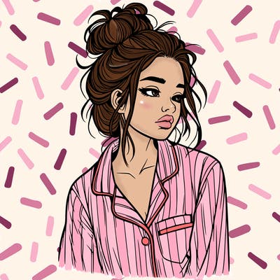 realistic woman with pajamas on and a messy bun
