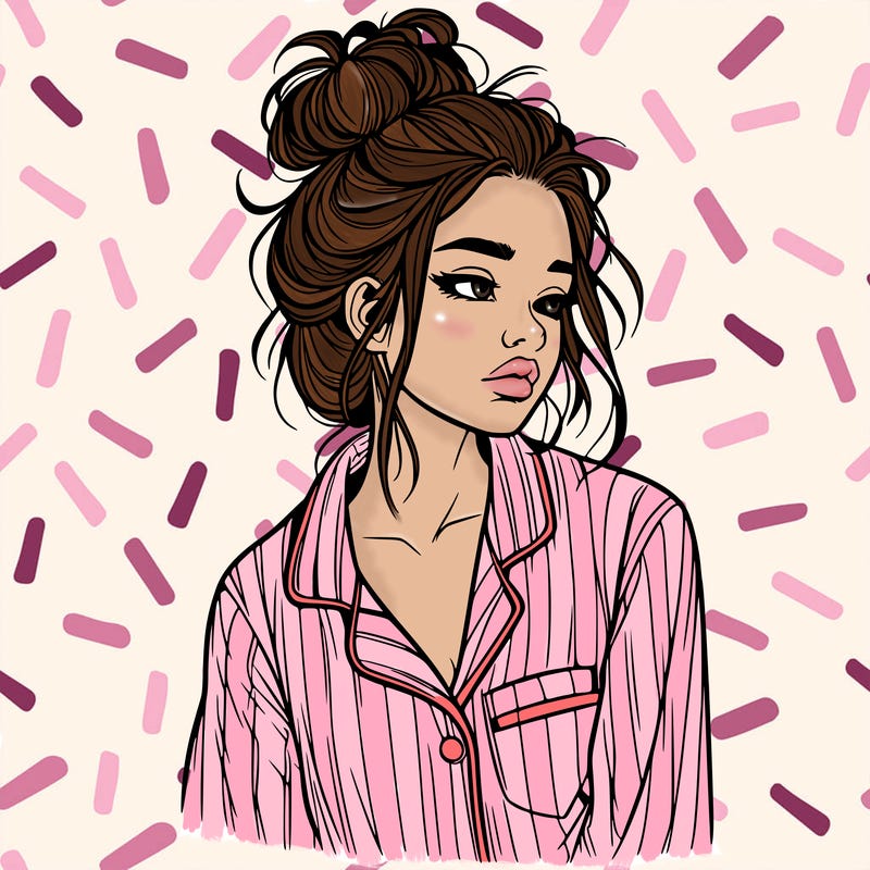 realistic woman with pajamas on and a messy bun