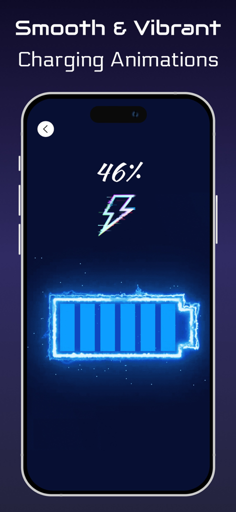 Animação de carregamento de bateria neon azul em uma tela de iPhone.