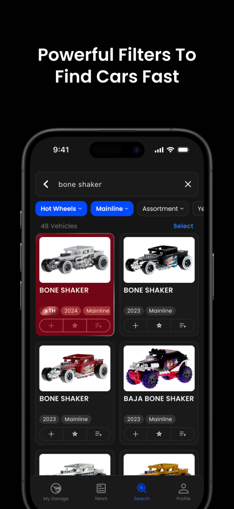 Hot Wheels Showcase™ - Search interface of the Hot Wheels Showcase app showing results for Bone Shaker model cars with collection filters