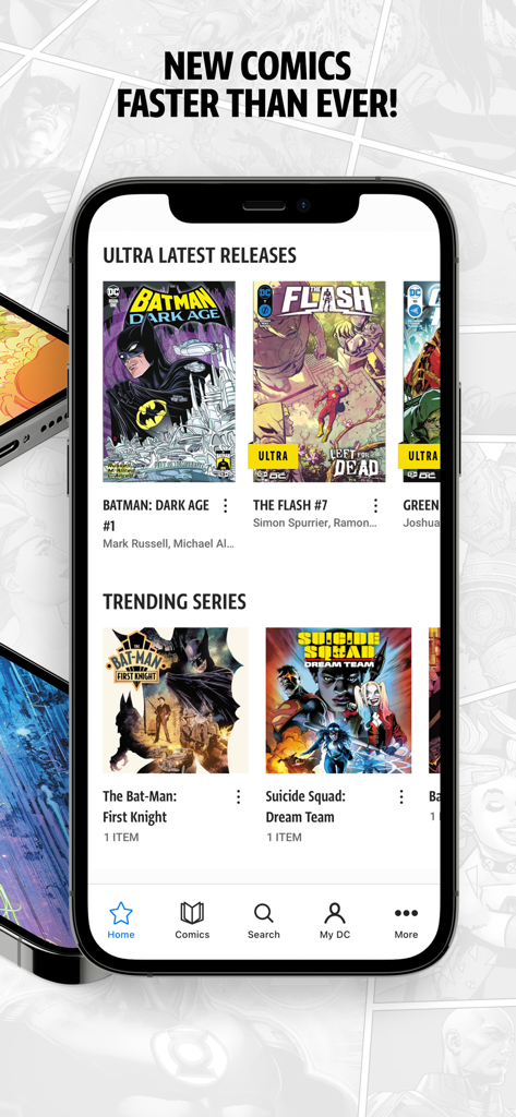 DC UNIVERSE INFINITE - Schermata di smartphone che mostra l'app DC UNIVERSE INFINITE con le ultime uscite di fumetti Ultra, inclusi Batman e Flash