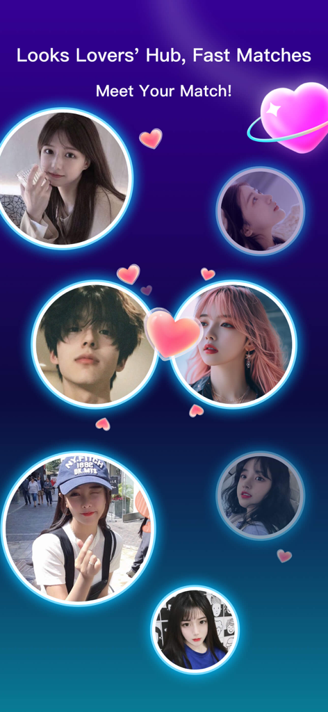 Uho-Voice chat &live streaming - Uho 앱 인터페이스는 빠른 매칭 및 소셜 상호작용을 위해 빛나는 원 안에 사용자 프로필 사진을 표시합니다.