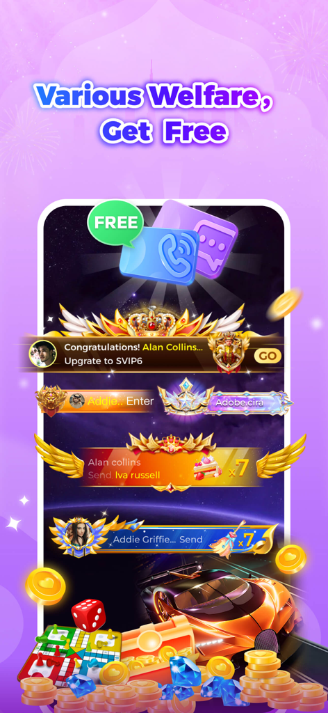 Yoki 앱 인터페이스, 다양한 무료 보상, VIP 등급 업그레이드, 럭셔리 가상 자동차 및 소셜 선물 표시