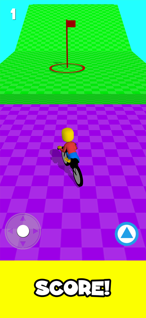A character riding a bicycle on a purple checkered platform toward a red flag checkpoint in a mobile obstacle course game