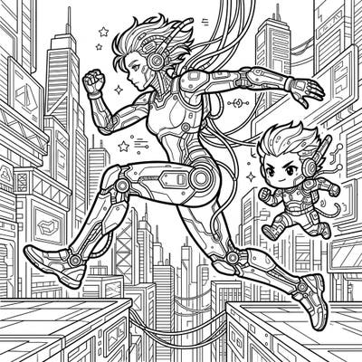 Immerse yourself in an epic futuristic world where elite athletes are enhanced with cutting-edge technology. This dynamic coloring page features powerful long jumpers soaring through a bustling, neon-infused cyberpunk city, blending sport with sci-fi.