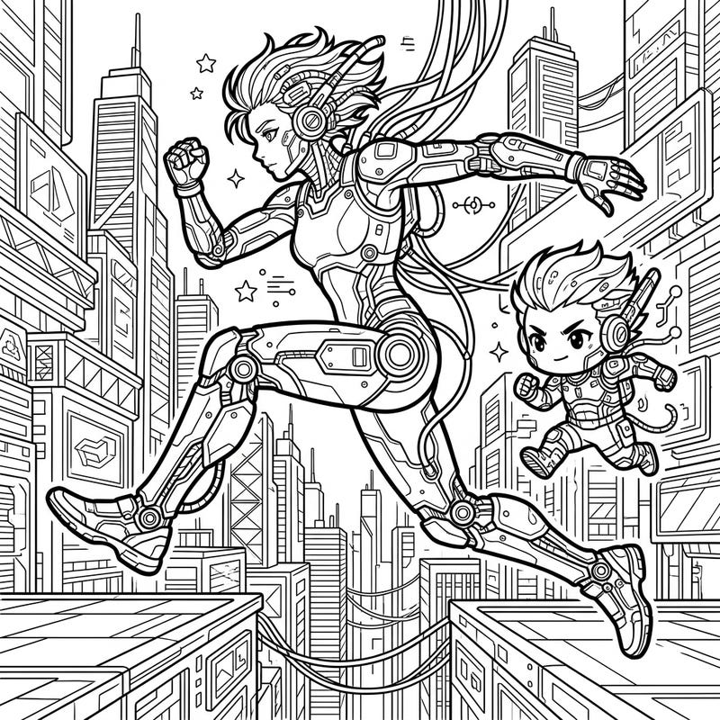 Immerse yourself in an epic futuristic world where elite athletes are enhanced with cutting-edge technology. This dynamic coloring page features powerful long jumpers soaring through a bustling, neon-infused cyberpunk city, blending sport with sci-fi.