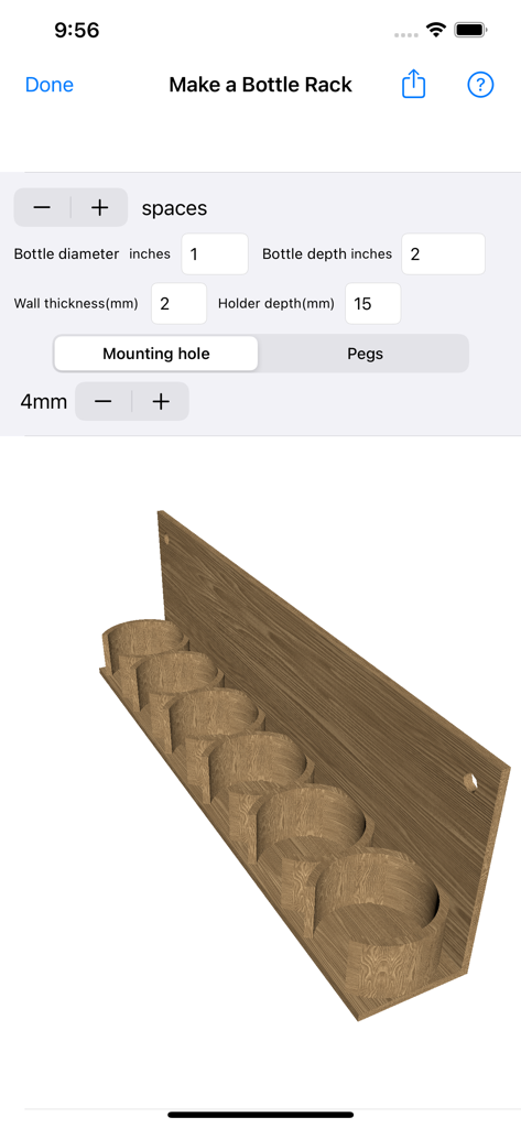 3D Box Maker - Interface of the 3D Box Maker app showing the customization tools and 3D preview for a printable bottle rack design.