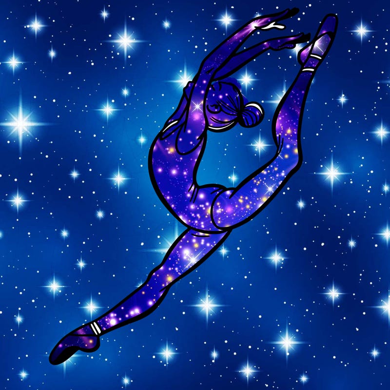 gymnast doing a leap in a leotard with a bent back leg