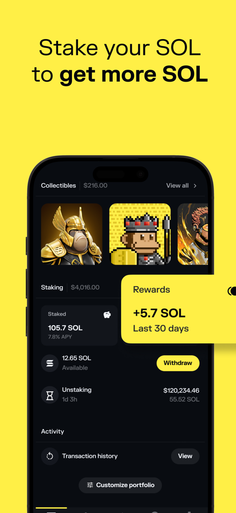Solflare mobile Wallet, die Solana-Staking-Belohnungen und NFT-Sammlerstücke anzeigt