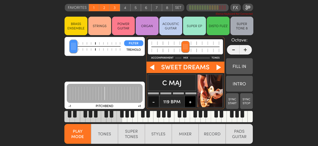 LIVEJAM - Interfaz de la aplicación arreglista virtual LIVEJAM que muestra el teclado y los controles de producción musical