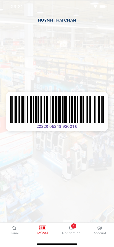 Tela do código de barras de membro digital no aplicativo MCard para MM Mega Market