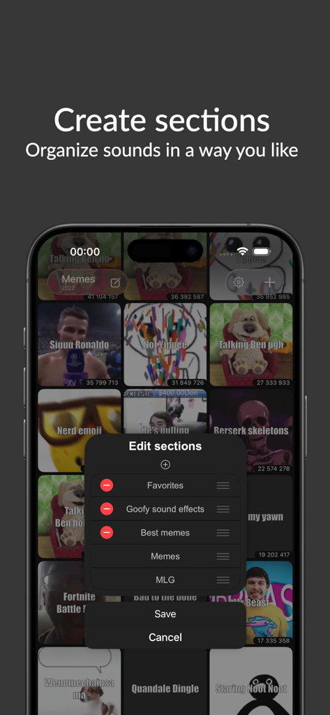 Una pantalla de smartphone mostrando la aplicación Meme Soundboard con un menú abierto para editar y organizar categorías de sonido personalizadas como Favoritos y MLG.