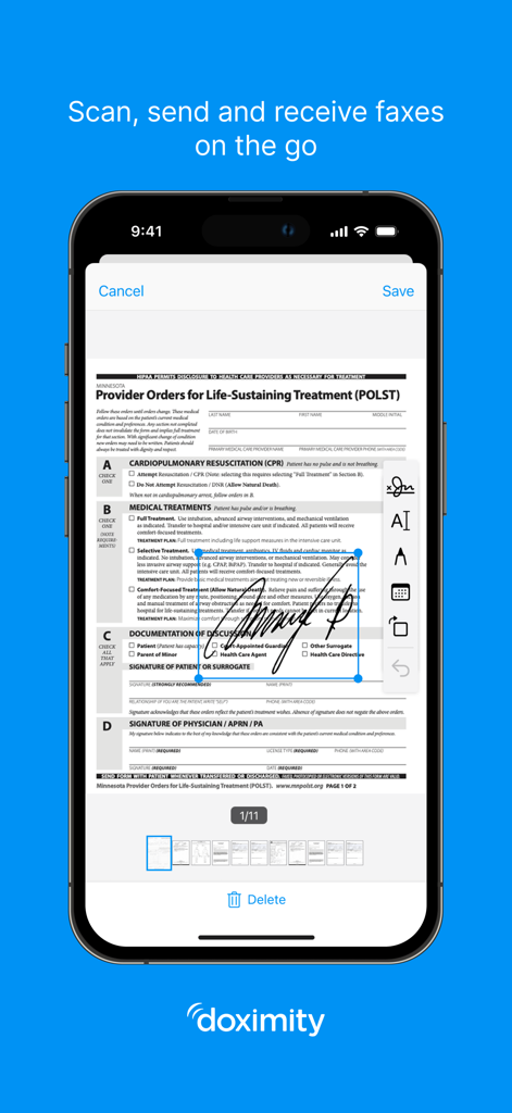 Doximity - Doximity App-Oberfläche, die einen Arzt zeigt, der ein medizinisches Dokument zur mobilen Faxübermittlung digital signiert.
