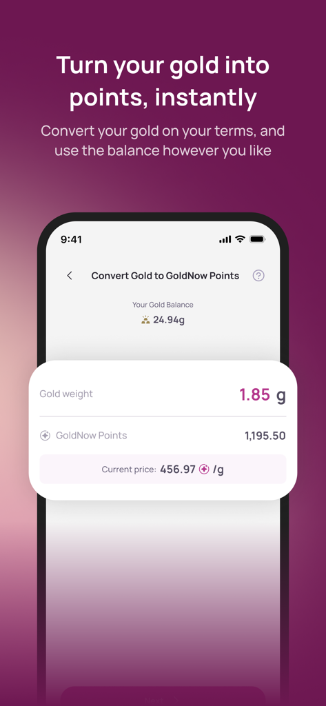 Mobile app interface showing how to convert gold weight into GoldNow points instantly.