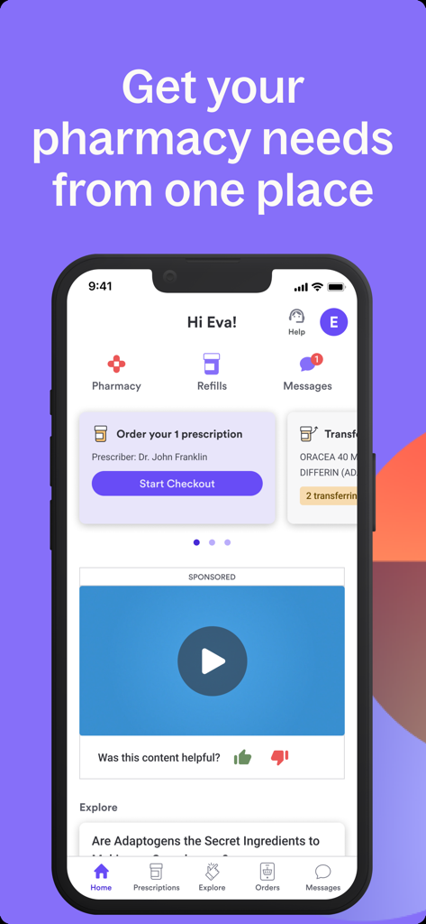 NimbleRx mobile app home screen showing options for prescription refills and pharmacy services