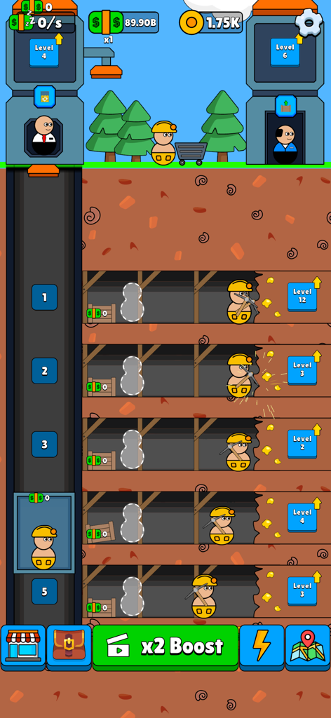 Pozos de mina subterráneos y mineros de dibujos animados en el juego Mining Empire Idle Tycoon