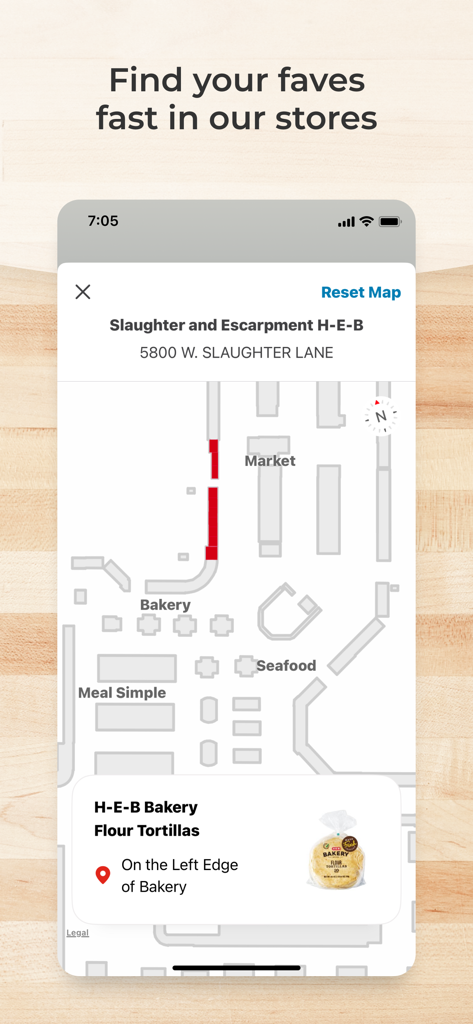In-store map feature in the My H-E-B app showing the location of flour tortillas in the bakery section