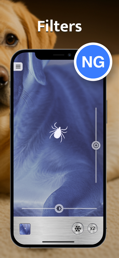 Magnifying glass app using a high contrast negative filter to identify a tick on a dog