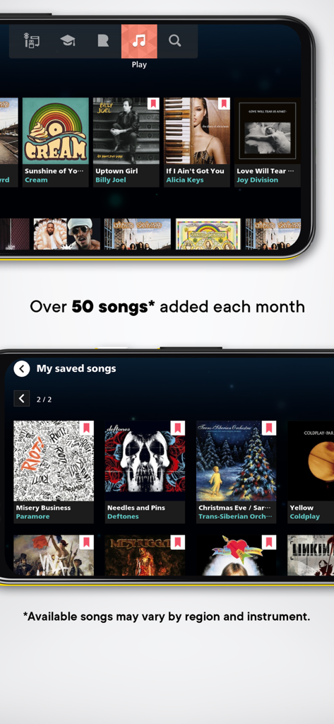 Rocksmith plusモバイルアプリのインターフェース。多様な曲のセレクションと保存されたトラックのライブラリが表示されています。