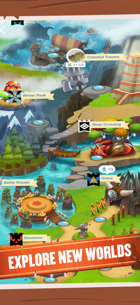 A colorful map of the Battle Camp game world showcasing various regions and the slogan Explore New Worlds.