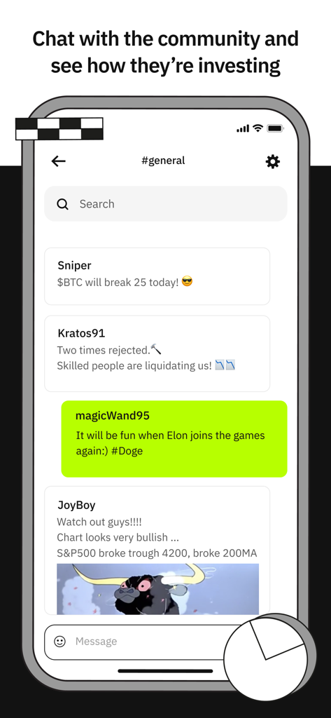 Merlin Investor - A mobile screen from Merlin Investor showing a community chat room where users discuss crypto and stock market trends.