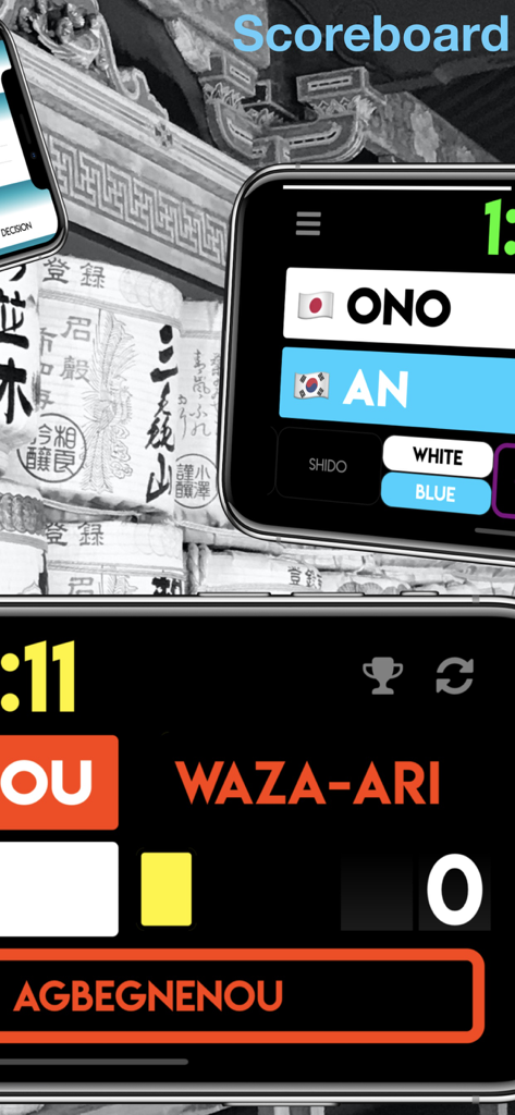 Judo Score - Judo Score app interface displaying a match scoreboard with fighter names and timer
