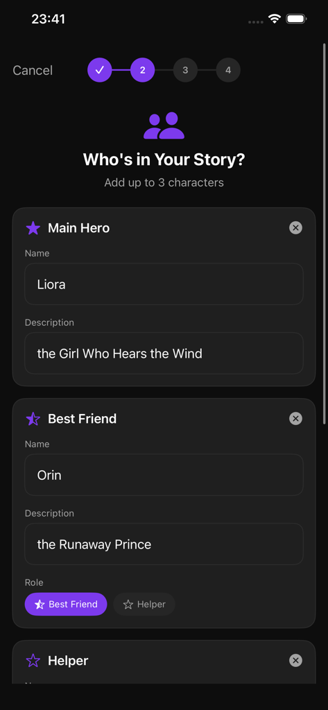 A screen from the Little Story Maker app showing how to add names and descriptions to story characters.