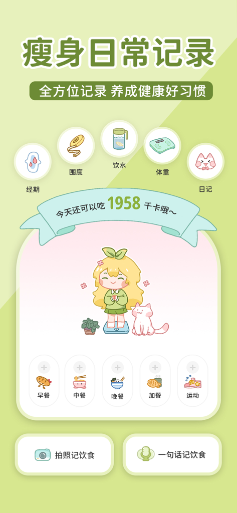 柠檬轻断食-不运动不节食轻松减肥 - Interface de rastreamento de saúde estilo Kawaii do aplicativo Lemon Intermittent Fasting com ícones de contador de calorias e registro de refeições.